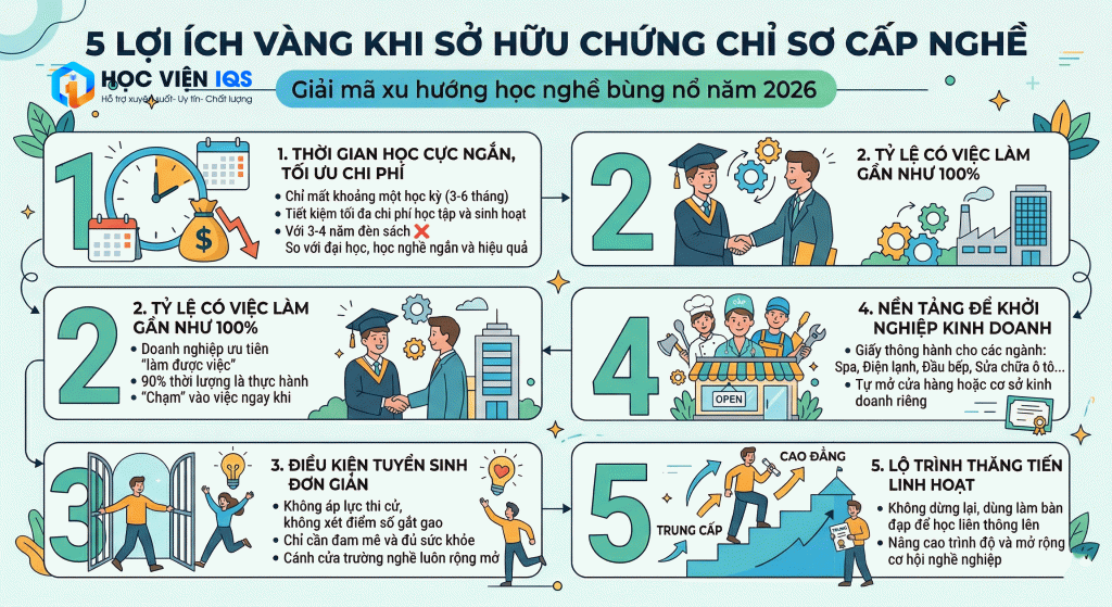 Infographic 5 lợi ích chứng chỉ sơ cấp nghề: học nhanh, dễ xin việc, điều kiện đơn giản, dễ khởi nghiệp và thăng tiến.