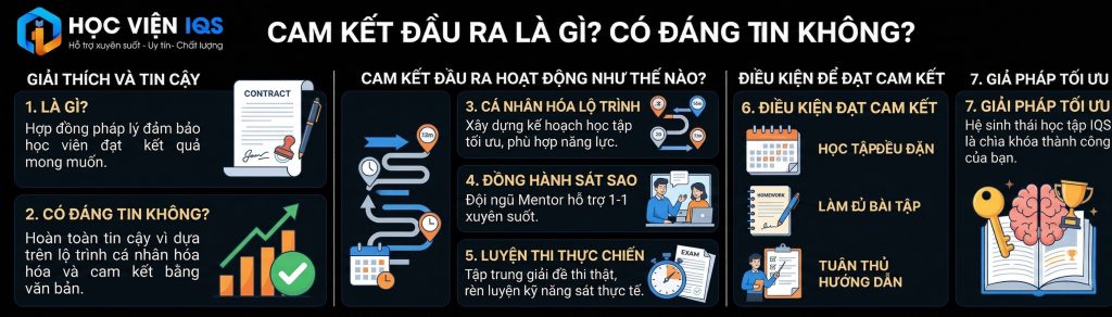 Sơ đồ thể hiện quy trình cam kết đầu ra tại Học Viện IQS gồm lộ trình cá nhân hóa, đồng hành sát sao và các điều kiện học tập để đạt kết quả.